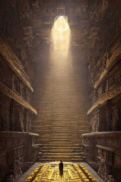 Image similar to inside a majestic aztec temple made of gold, intricate, elegant, volumetric lighting, digital painting, highly detailed, artstation, sharp focus, illustration, concept art, ruan jia, steve mccurry