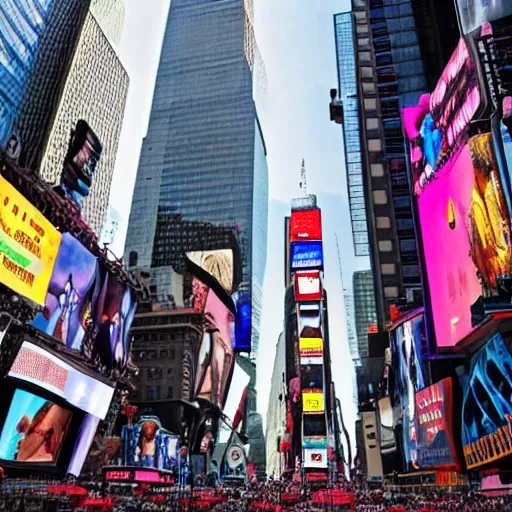 Prompt: looking up at a huge scary cyborg ant in times square