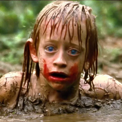 Prompt: cinematic still of macaulay culkin age 8, covered in mud and watching a predator in a swamp in 1 9 8 7 movie predator, hd, 4 k