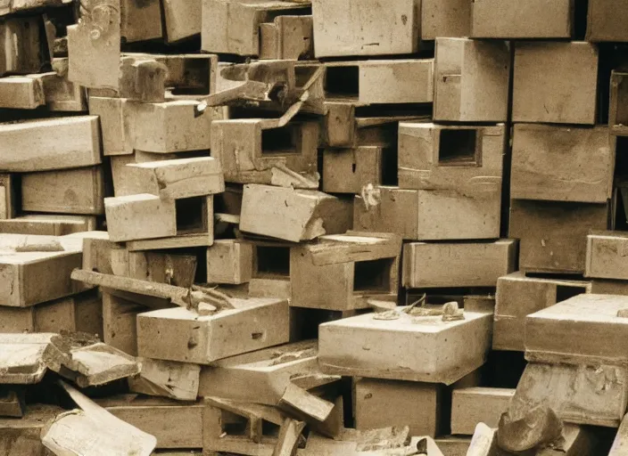 Prompt: realistic photo of the pile of wooden boxes. brass details, brass fragments, covered in the grey moss 1 9 9 0, life magazine reportage photo