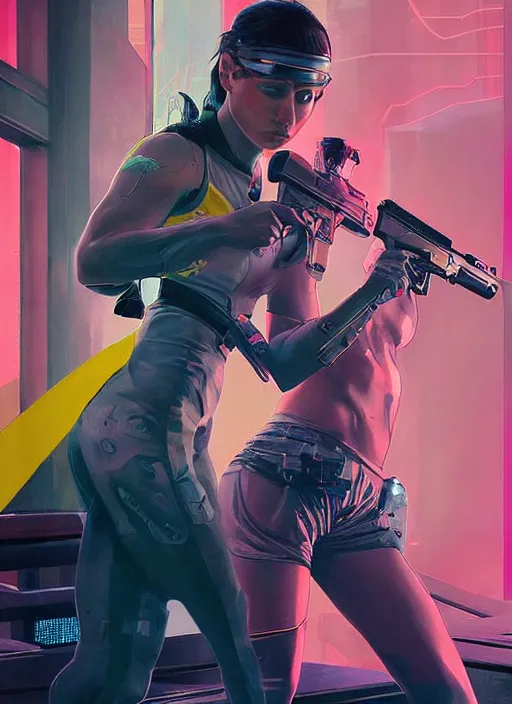 Prompt: beautiful cyberpunk female athlete wearing pink jumpsuit and firing a futuristic yellow belt fed automatic pistol. ad poster for pistol. cyberpunk poster by james gurney, azamat khairov, and alphonso mucha. artstationhq. gorgeous face. painting with vivid color, cell shading. ( rb 6 s, cyberpunk 2 0 7 7 )