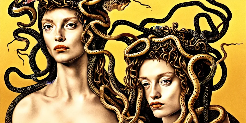 Image similar to realistic portrait of medusa with her snakes, golden, delicate, hyper realism, 1 4 5 0, ink, ultra realistic, 8 k