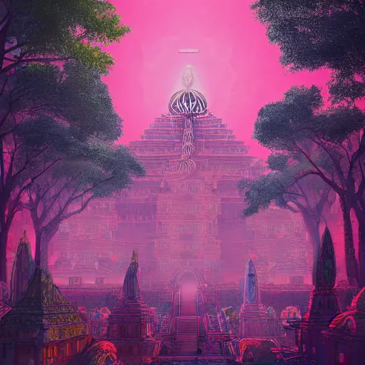 Image similar to mystical realistic poster with shaded lighting by arjun brooklyn radiant light, detailed and complex environment, solace, beautiful, utopic city in the sky with many buildings and temples reflecting an older ancient city on the ground with old growth pine trees, overlaid sacred geometry, with implied lines, gradient of hot pink and neon baby blue