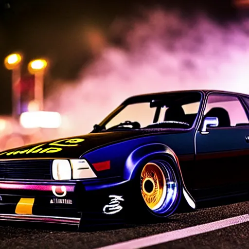 Prompt: a car S30 turbo drift at illegal car meet, Saitama prefecture, midnight mist lights, cinematic color, photorealistic, highly detailed wheels, highly detailed