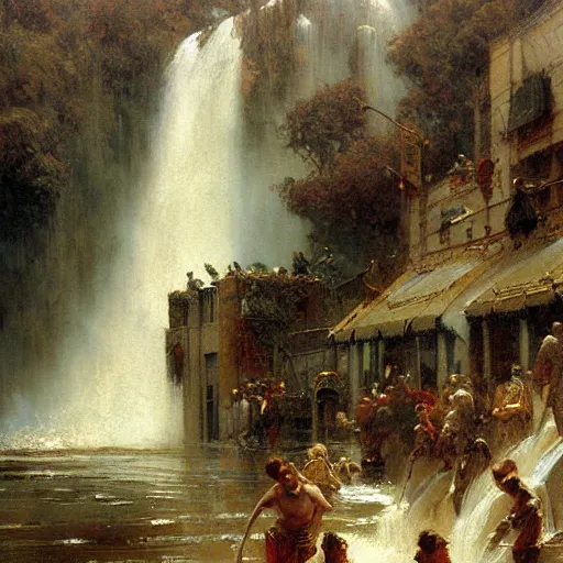 Image similar to waterfall flooding an entire city. victorian age. highly detailed painting by gaston bussiere, craig mullins, j. c. leyendecker