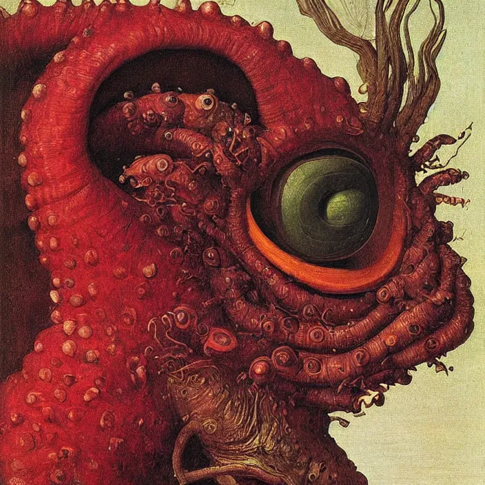 Image similar to close up portrait of a mutant monster creature with face in the shape of a colorful exotic dark red carnivorous plant, snail - like protruding eyes. by jan van eyck, audubon