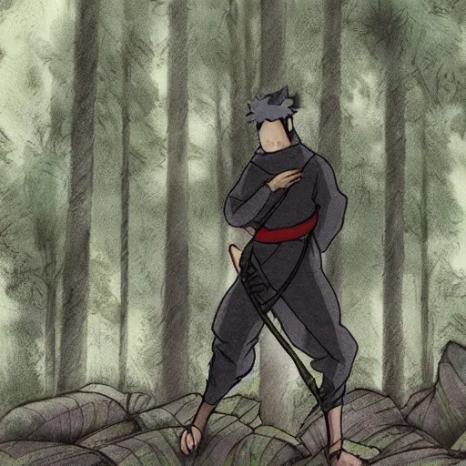 Prompt: a close shot of a ninja standing in a forest by studio ghibli, detailed, gloomy, digital art,