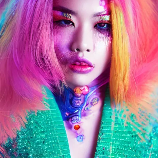 Image similar to japanese model with maximalist hair style and makeup, bright colors, fashion mode, portrait, gliter, depth of field, 8 k, hyper detailed, intricate, trending on artstation