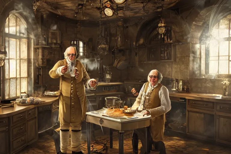 Image similar to detailed octane zbrush render of [Benjamin Franklin cooking breakfast inside a steampunk kitchen], WITH liminal space, high detail, rendered in unreal engine, 3d render, god rays, volumetric lighting, HDR, subsurface scatter, mansion, interior, large windows, rich house
