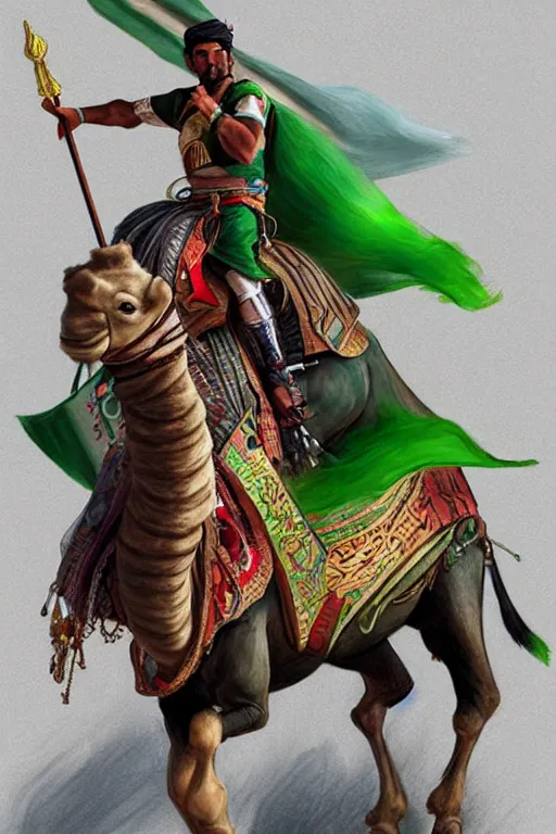 Image similar to arabian warrior, ride camel he use green turf and flag, realistic, sketch and art by jacqueline e, color by bo feng lin