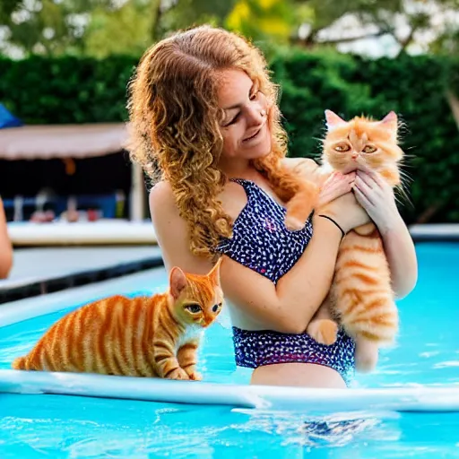 Image similar to a girl with curly blonde hair at a pool party with an orange tabby kitten looking on