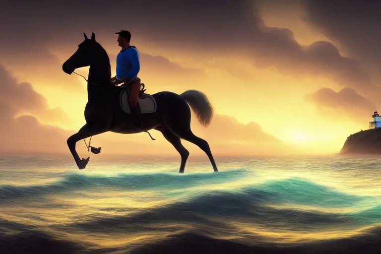 Image similar to photo of man riding a horse along the beach, glowing underwater waves toward a lighthouse in the distance guiding his way, silhouette, wide horizon, large white clouds, night, intricate, elegant, highly detailed, digital painting, artstation, concept art, smooth, sharp focus, illustration, art by artgerm and greg rutkowski and fra angelico