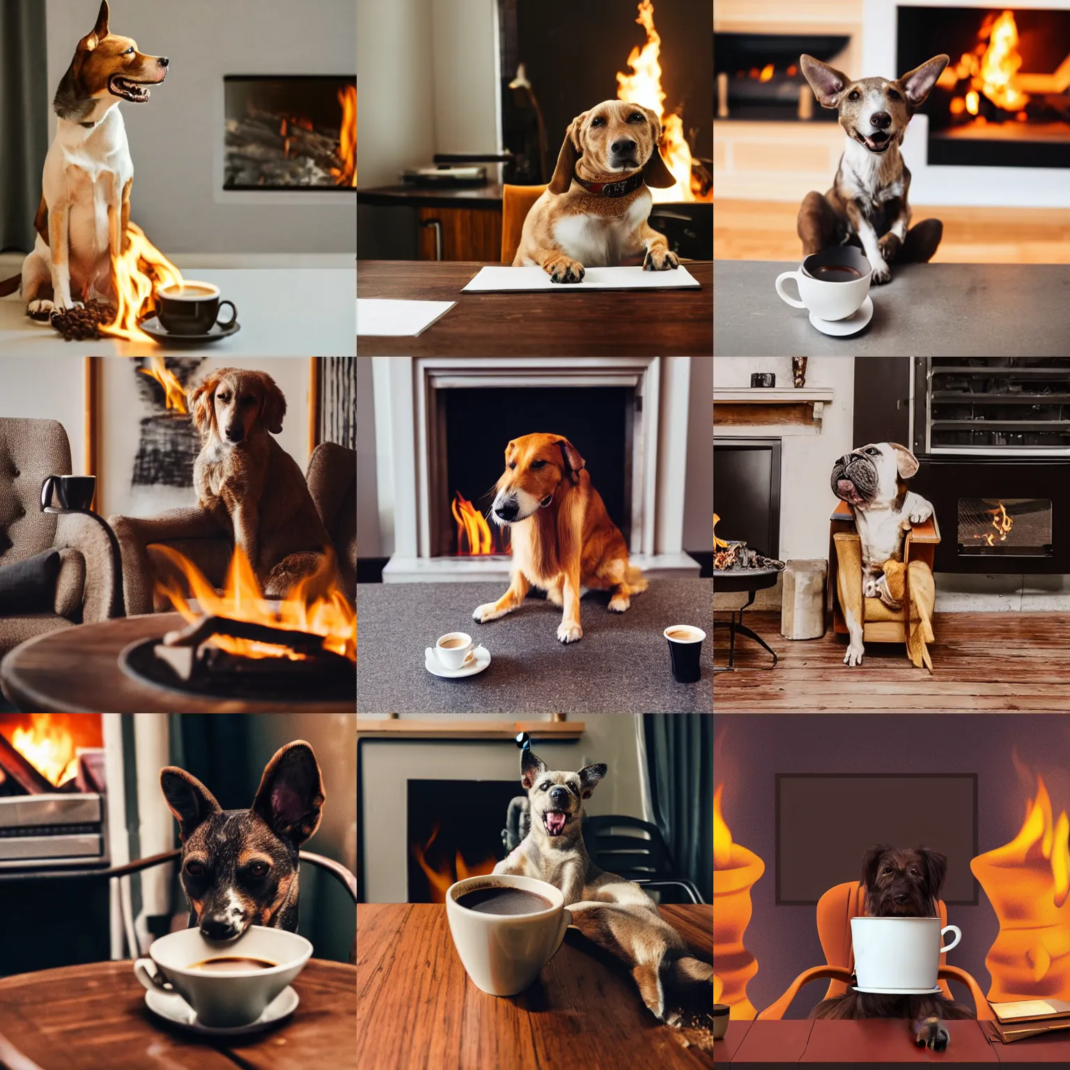 Prompt: photograph of anthropomorphic dog sitting on a chair with cup of coffee on a table, in a room, surrounded by fire