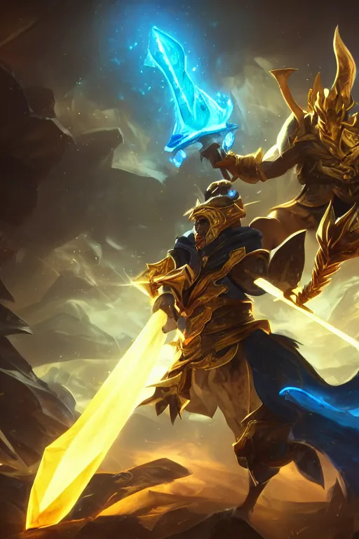 Image similar to a magical golden weapon, d & d, league of legends, concept art, blue background, dramatic lighting. realistic, epic legends, game icon, global illumination, ian pesty