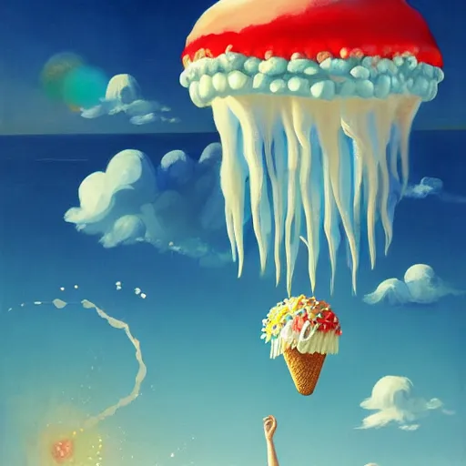 Prompt: Giant ice cream jellyfish and jellybeans fly through the air, as a tornado approaches, by Takashi Murakami, Edward Hopper, Bo Bartlett, and Cynthia Sheppard, Artstation