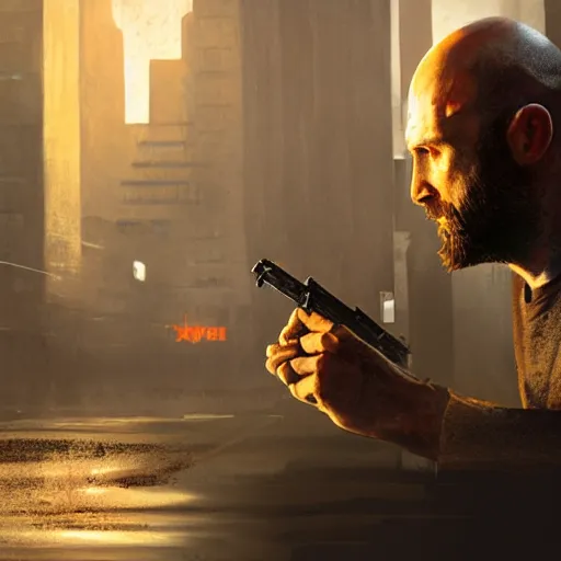 Prompt: painting of an undercover cup, concept art, bald with short beard, call of duty, max payne, inspired by seven the movie, golden hour, city environment, dramatic lighting, digital art, 8 k, extremely detailed, drawn by ruan jia