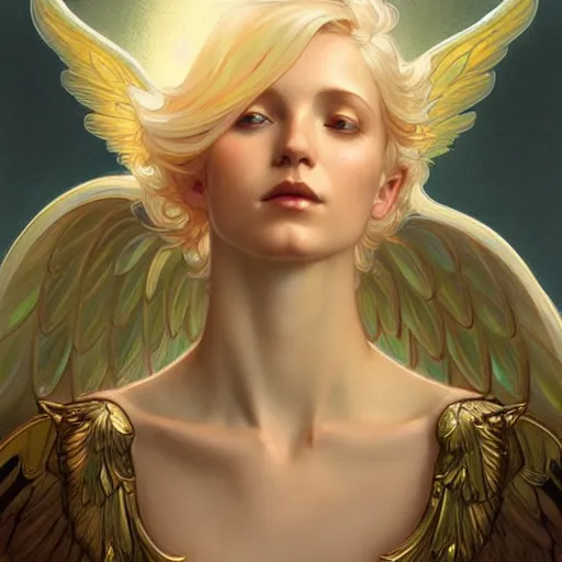 Prompt: Winged girl angel with blonde hair and glowing halo, iridescent, seraphim, fantasy, intricate, elegant, highly detailed, digital painting, artstation, concept art, smooth, sharp focus, illustration, art by Krenz Cushart and Artem Demura and alphonse mucha