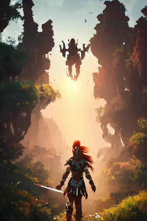 Image similar to combination suit armor aloy horizon forbidden west horizon zero dawn radiating a glowing aura global illumination ray tracing hdr fanart arstation by ian pesty and alena aenami artworks in 4 k tribal robot ninja mask helmet backpack