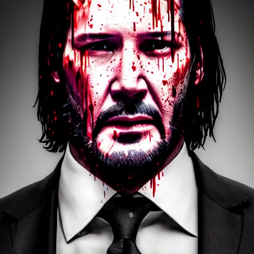 Image similar to john wick blood splattered, ( sony a 7 r iv, symmetric balance, polarizing filter, photolab, lightroom, 4 k, dolby vision, photography awardm, voque, perfect face )