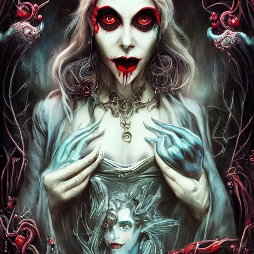 Prompt: Beautiful Fear and Loathing Vampire in Wonderland, new age fantasy art by Seb McKinnon and Nekro and Artgerm, unstirred paint, vivid color, cgsociety 4K