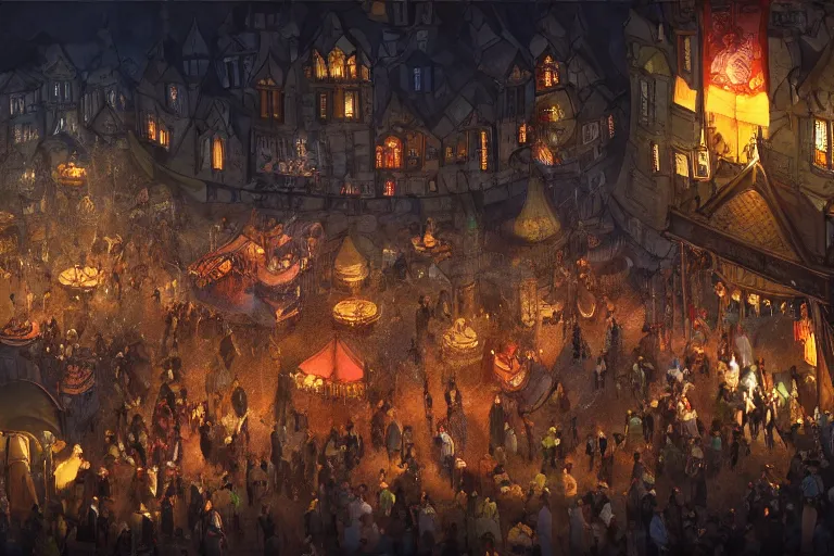 Prompt: a crowded medieval fair in a city square at night, fantasy buildings, lanterns and fires, concept art, hyper detailed, artstation