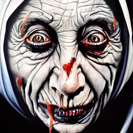 Image similar to a hyperrealistic painting of mother theresa as a zombie buy jason edmiston, hd, sharp focus,