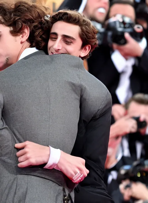 Prompt: photo of Timothee Chalamet hugging boyfriend Armie Hammer