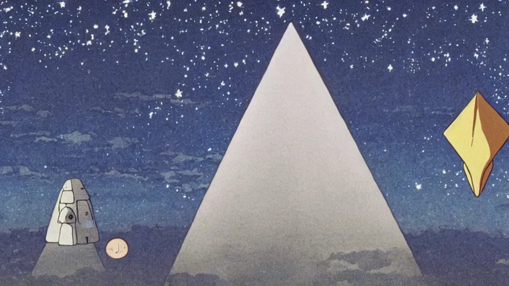 Image similar to a movie still from a studio ghibli film showing a floating large white pyramid, an alien, and a ufo on a misty and starry night. by studio ghibli