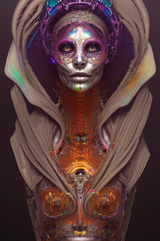 Prompt: ultra detailed Female Android deity, scifi, octane render, (dia de los muertos), asymmetrical, intricate concept art, triadic color scheme, art by artgerm and giger and DZO and greg rutkowski and alphonse mucha and WLOP