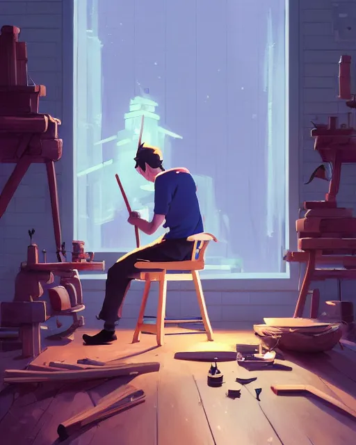 Image similar to woodworker building a new chair on his shop, detailed, cory loftis, james gilleard, atey ghailan, makoto shinkai, goro fujita, studio ghibli, rim light, exquisite lighting, clear focus, very coherent, plain background, soft painting