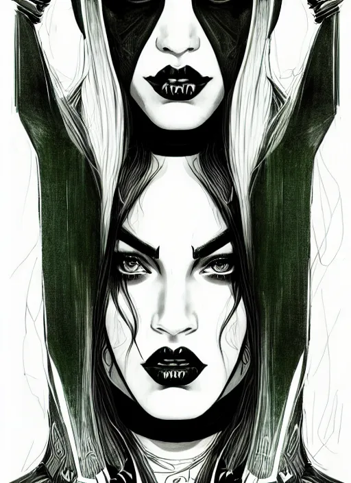 Image similar to symmetry concpet art, full shot, traditional ink, sketch, of megan fox as harley quinn, line sketch, intricate, elegant, highly detailed, monochrome, digital painting, artstation, concept art, green, black, red ink sharp focus, illustration, art by borderlands 3 and peter polach