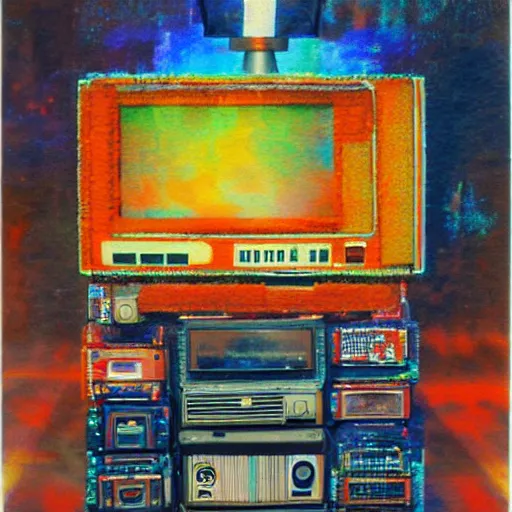 Image similar to made out of fur, array of crt televisions, tv static, antenna, stacked, polaroid, steroids, adult video store, impressionist painting, painting, acrylic painting, cell shaded