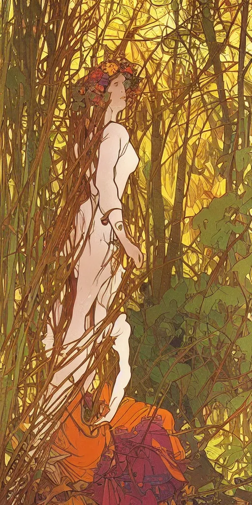 Image similar to a beautiful illustration of a female robot in the forest, autumn, golden hour, alphonse mucha, moebius, cinematic