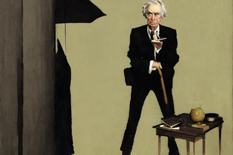 Image similar to “portrait of Bertrand Russell as secret agent, by Robert McGinnis”