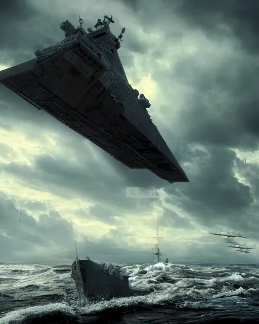 Image similar to scifi action scene of a fishing boat on stormy seas, a terrifying gigantic star destroyer spaceship flying overhead, the gigantic star destroyer spaceship is emerging from storm clouds, sunset lighting, stormy weather, dramatic lighting, unreal engine, hyper realism, realistic shading, cinematic composition, realistic render, octane render, detailed textures, photorealistic, ultrawide shot, 1 6 mm lens