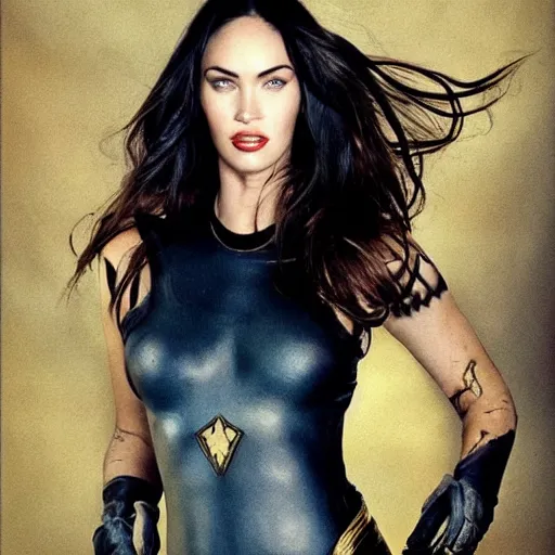 Image similar to portrait of Megan Fox as a super hero, highly detailed, photographed by Annie Leibovitz. full length photo.