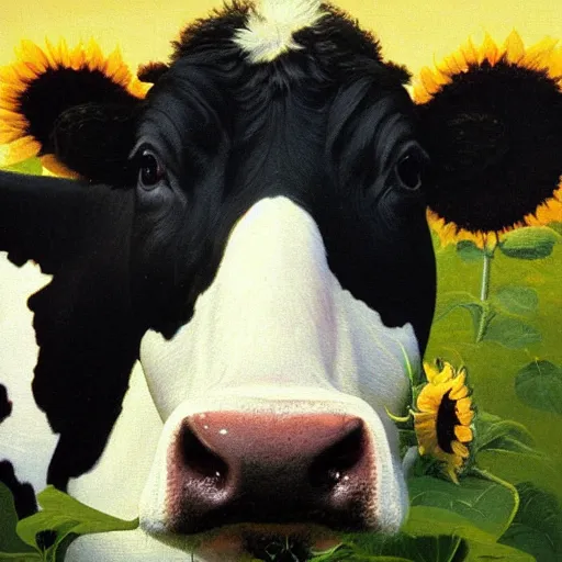 Image similar to up close face portrait of a black and white cow in a beautiful field of sunflowers with a red barn behind it, by Michael Sowa, rustic, golden hour, extremely detailed masterpiece, oil on canvas, by J. C. Leyendecker and Peter Paul Rubens and Edward Hopper and Michael Sowa,