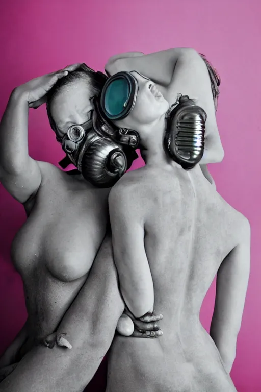 Image similar to a surreal portrait of intertwined and contorted figures wearing gas mask next to a pink wall in the style of brooke didonato, editorial fashion photography from vogue magazine, full shot, nikon d 8 1 0, ƒ / 2. 5, focal length : 8 5. 0 mm, exposure time : 1 / 8 0 0, iso : 2 0 0