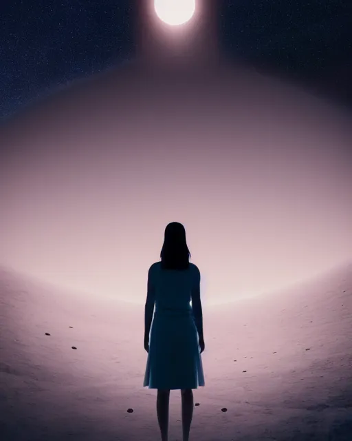 Image similar to a person standing in front of a glowy open door that's on a barren moon, poster art by mike winkelmann, trending on cg society, space art, sci - fi, ue 5, futuristic, volumetric lighting, light casting onto the ground, neat composition and camera angle