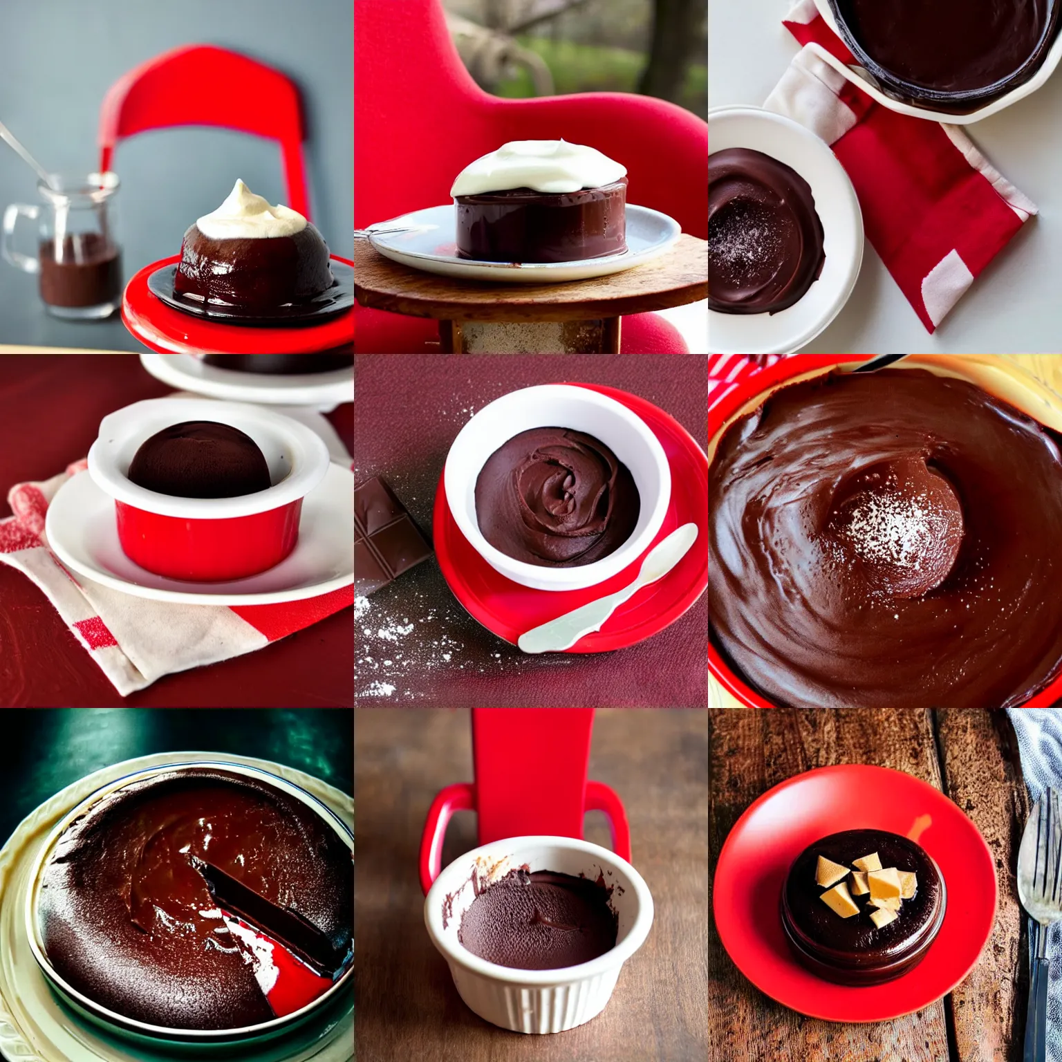 Prompt: a delicious chocolate pudding served in a little red chair