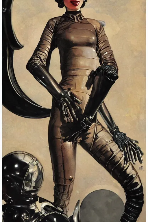 Image similar to 5 0 s pulp scifi fantasy illustration full body portrait elegant woman wearing latex spacesuit with biomech arms, by norman rockwell, roberto ferri, daniel gerhartz, jack kirby, earle bergey, ruan jia, jason fabok, tom lovell, alex malveda, dean cornwell, astounding stories, amazing, fantasy, other worlds