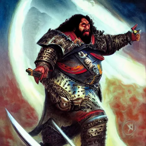 Prompt: A dramatic image of an Obese klingon warrior