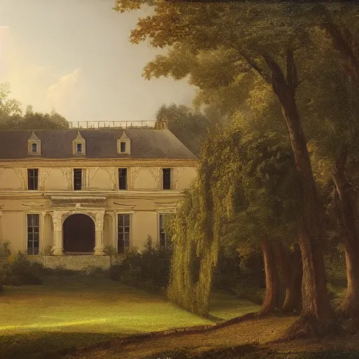 Image similar to a large serene beautiful matte painting of a delapitaded quaint french country castle covered in a state of disrepair in vines, by asher brown durand and george ault featured on artstation