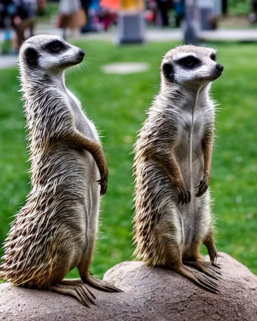 Image similar to multicolored meerkats stand in a circle, statue, city park