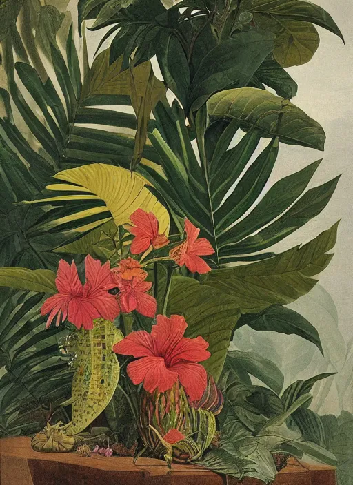 Image similar to tiger, tropical plants, botanical, large exotic flowers, biology, realistic, painted by john audubon