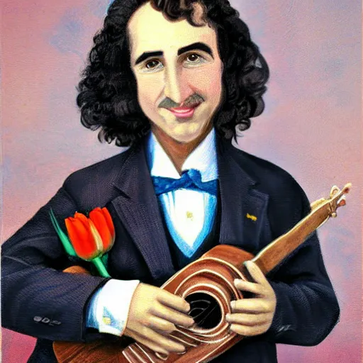 Prompt: full head portrait of Herbert Buckingham Khaury known as tiny tim holding his ukelele wearing a plaid suit, long curly black hair, large nose, digital art tulips