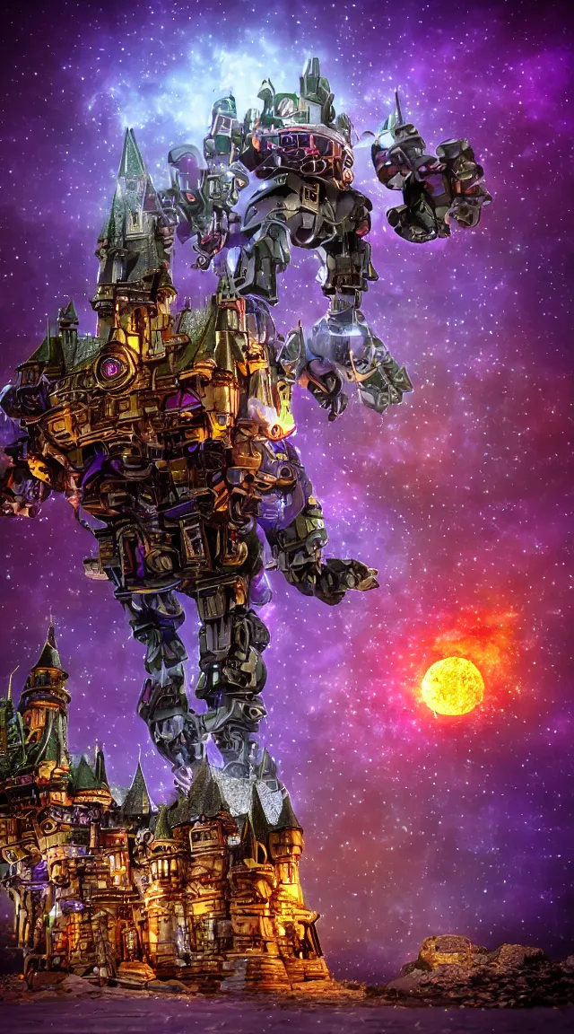 Image similar to giant robot with purple lights destroying a mini fantasy castle, professional photo, hdr, bokeh, sci fi, tiny castle, fantasy, small world, miniature