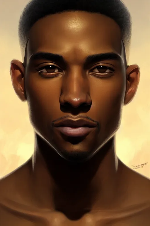 Prompt: clear portrait of a black attractive men, cottagecore!!, background hyper detailed, character concept, full body, dynamic pose, glowing lights!! intricate, elegant, highly detailed, digital painting, artstation, concept art, smooth, sharp focus, illustration, art by artgerm and greg rutkowski and alphonse mucha