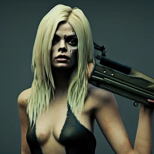 Prompt: octane, Unreal engine, Samara Weaving with skull paint, full body, holding a shotgun