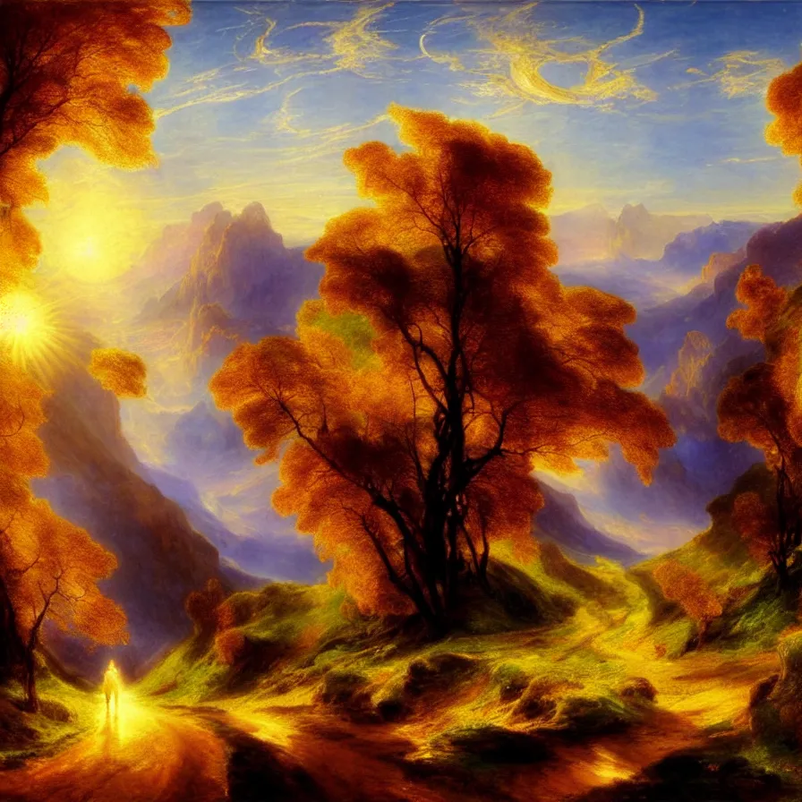 Prompt: symbolism artwork of the atmospheric indie music album titled :'the infinite road to the sun'by thomas moran. forests, valley, distant hills, sunrise